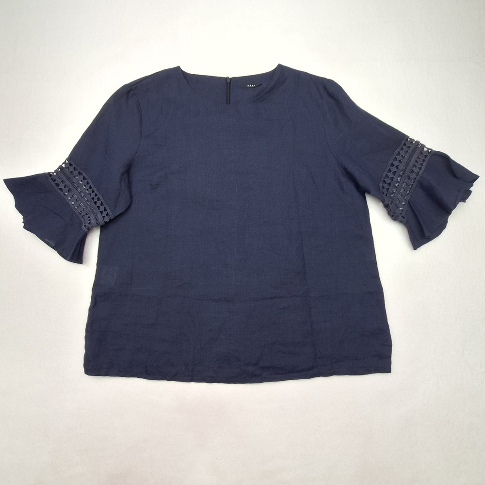 MARE Blouse Womens One Size (to Large) Blue Crochet Bell Sleeve Linen Blend Top